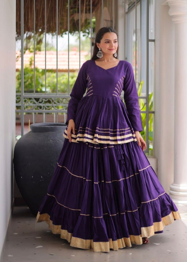 Purple Pure Cora Cotton With Attractive Gota-Patti Work Navratri Lehenga Choli