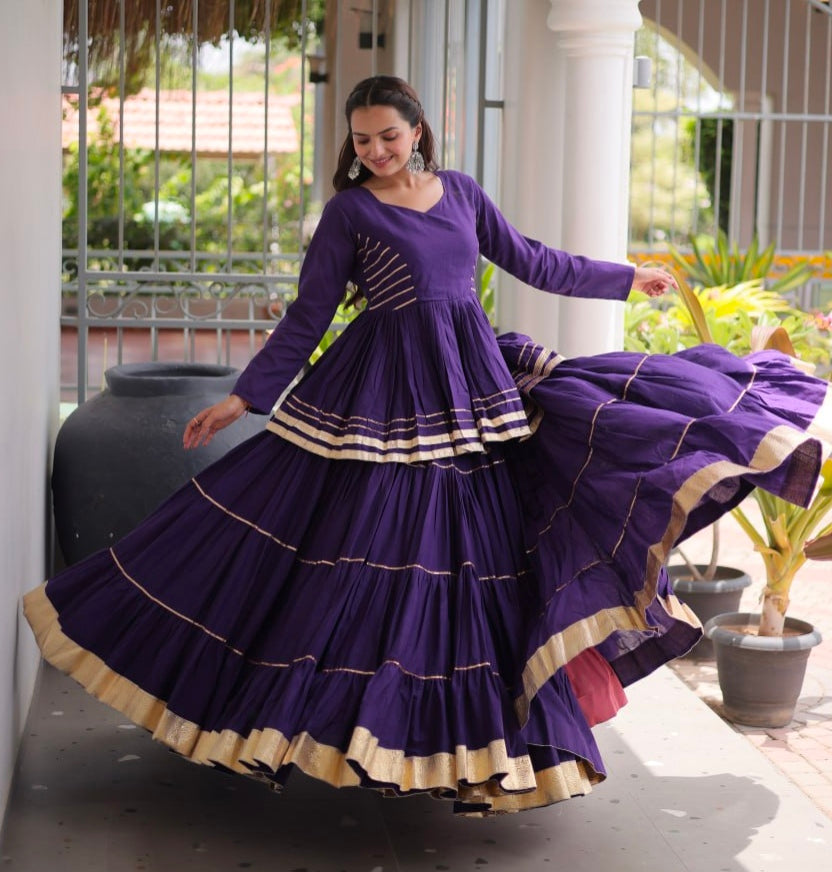 Purple Pure Cora Cotton With Attractive Gota-Patti Work Navratri Lehenga Choli