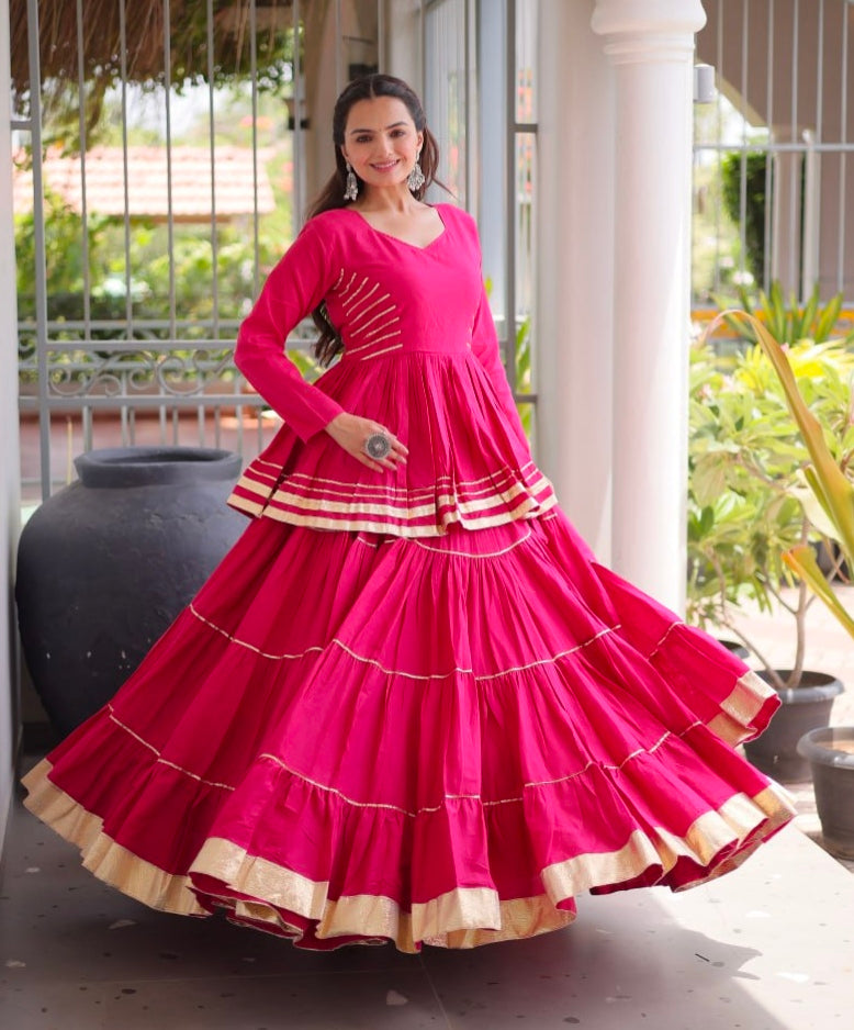 Rani Pink Pure Cora Cotton With Attractive Gota-Patti Work Navratri Lehenga Choli