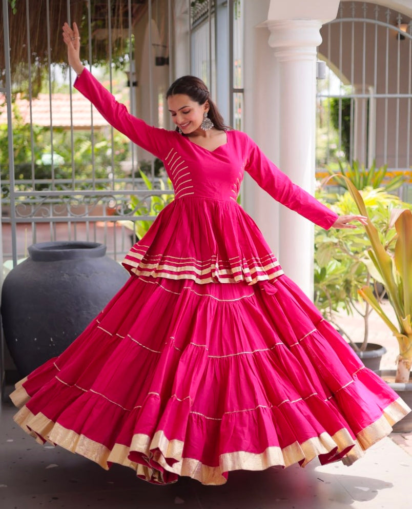 Rani Pink Pure Cora Cotton With Attractive Gota-Patti Work Navratri Lehenga Choli