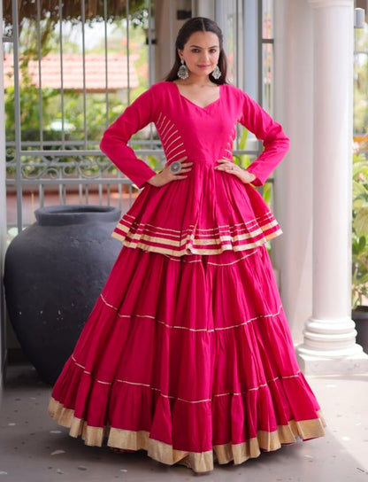 Rani Pink Pure Cora Cotton With Attractive Gota-Patti Work Navratri Lehenga Choli