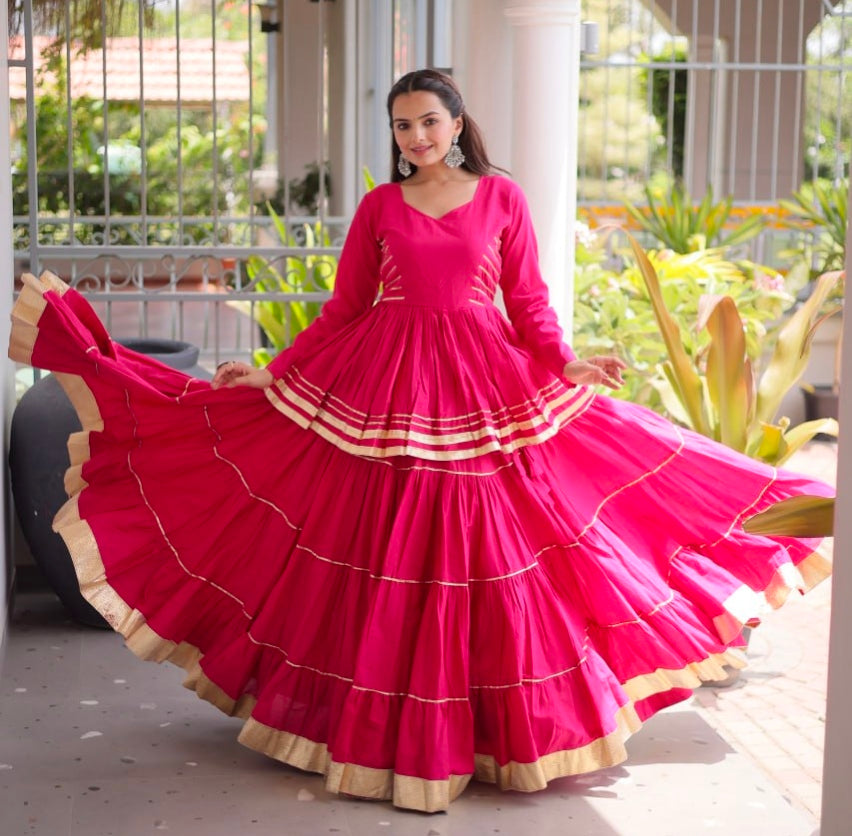 Rani Pink Pure Cora Cotton With Attractive Gota-Patti Work Navratri Lehenga Choli