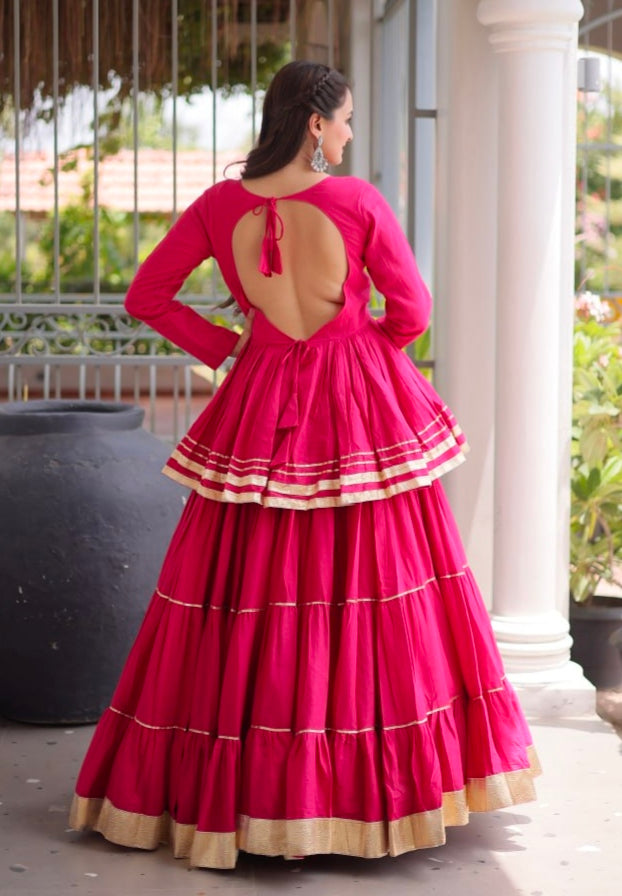 Rani Pink Pure Cora Cotton With Attractive Gota-Patti Work Navratri Lehenga Choli