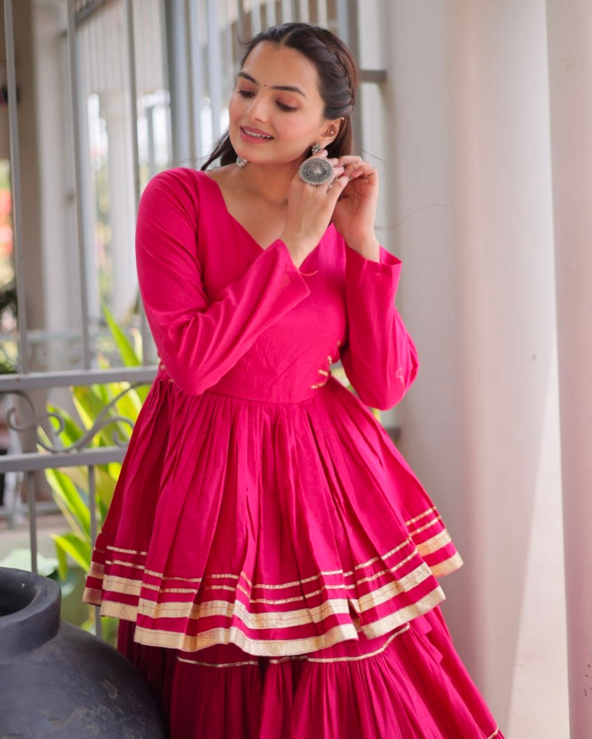 Rani Pink Pure Cora Cotton With Attractive Gota-Patti Work Navratri Lehenga Choli