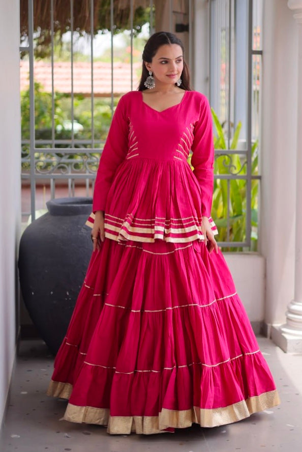 Rani Pink Pure Cora Cotton With Attractive Gota-Patti Work Navratri Lehenga Choli