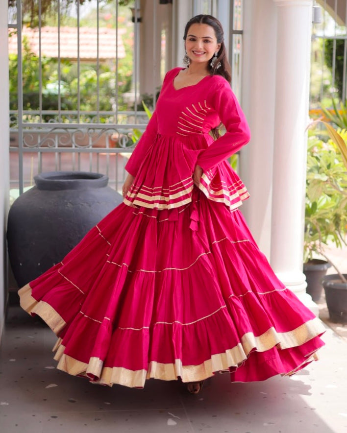Rani Pink Pure Cora Cotton With Attractive Gota-Patti Work Navratri Lehenga Choli
