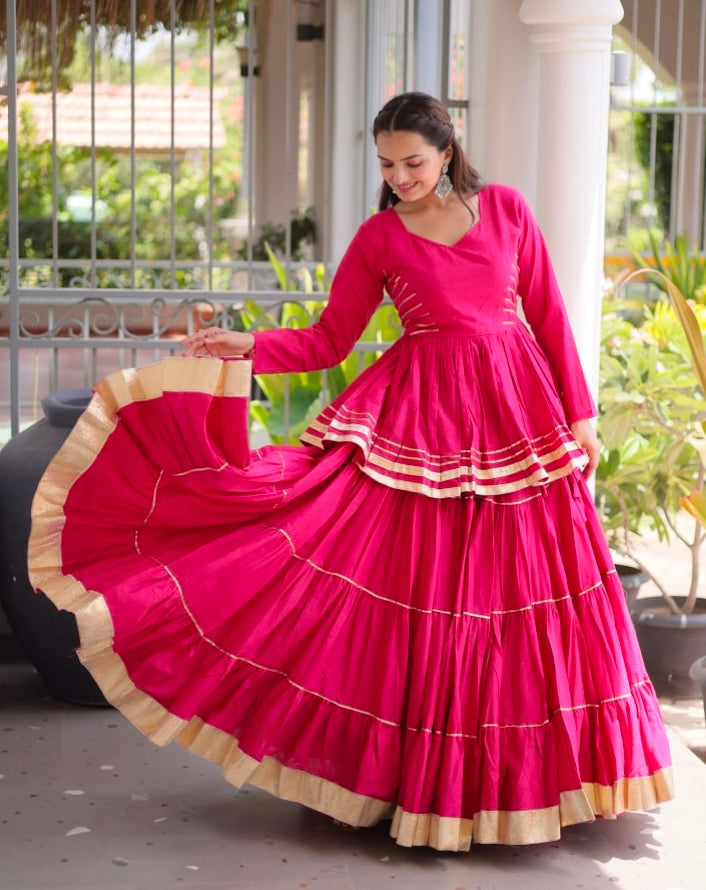 Rani Pink Pure Cora Cotton With Attractive Gota-Patti Work Navratri Lehenga Choli