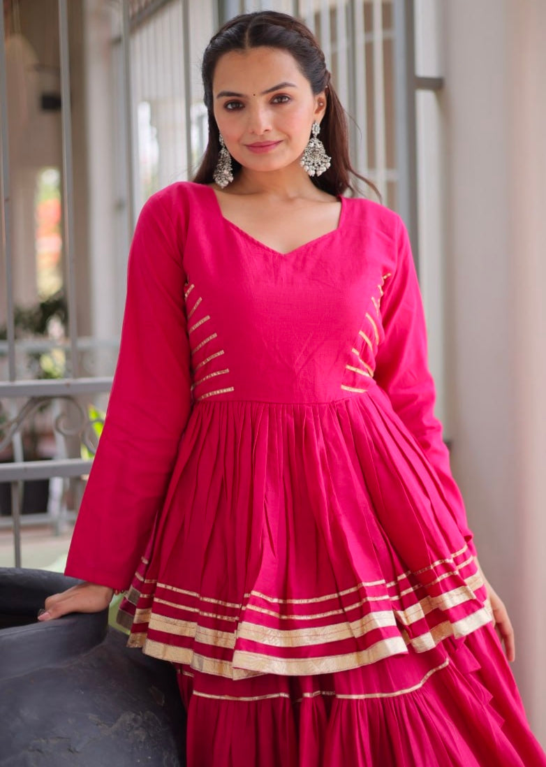 Rani Pink Pure Cora Cotton With Attractive Gota-Patti Work Navratri Lehenga Choli