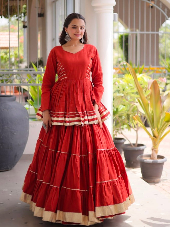 Rust Pure Cora Cotton With Attractive Gota-Patti Work Navratri Lehenga Choli