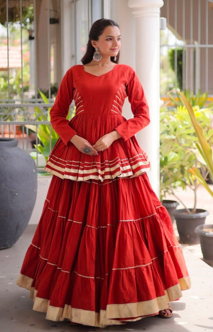 Rust Pure Cora Cotton With Attractive Gota-Patti Work Navratri Lehenga Choli