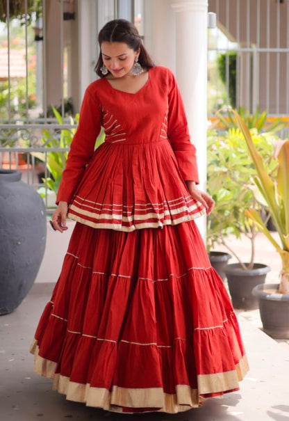 Rust Pure Cora Cotton With Attractive Gota-Patti Work Navratri Lehenga Choli