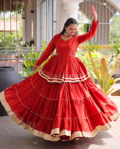 Rust Pure Cora Cotton With Attractive Gota-Patti Work Navratri Lehenga Choli