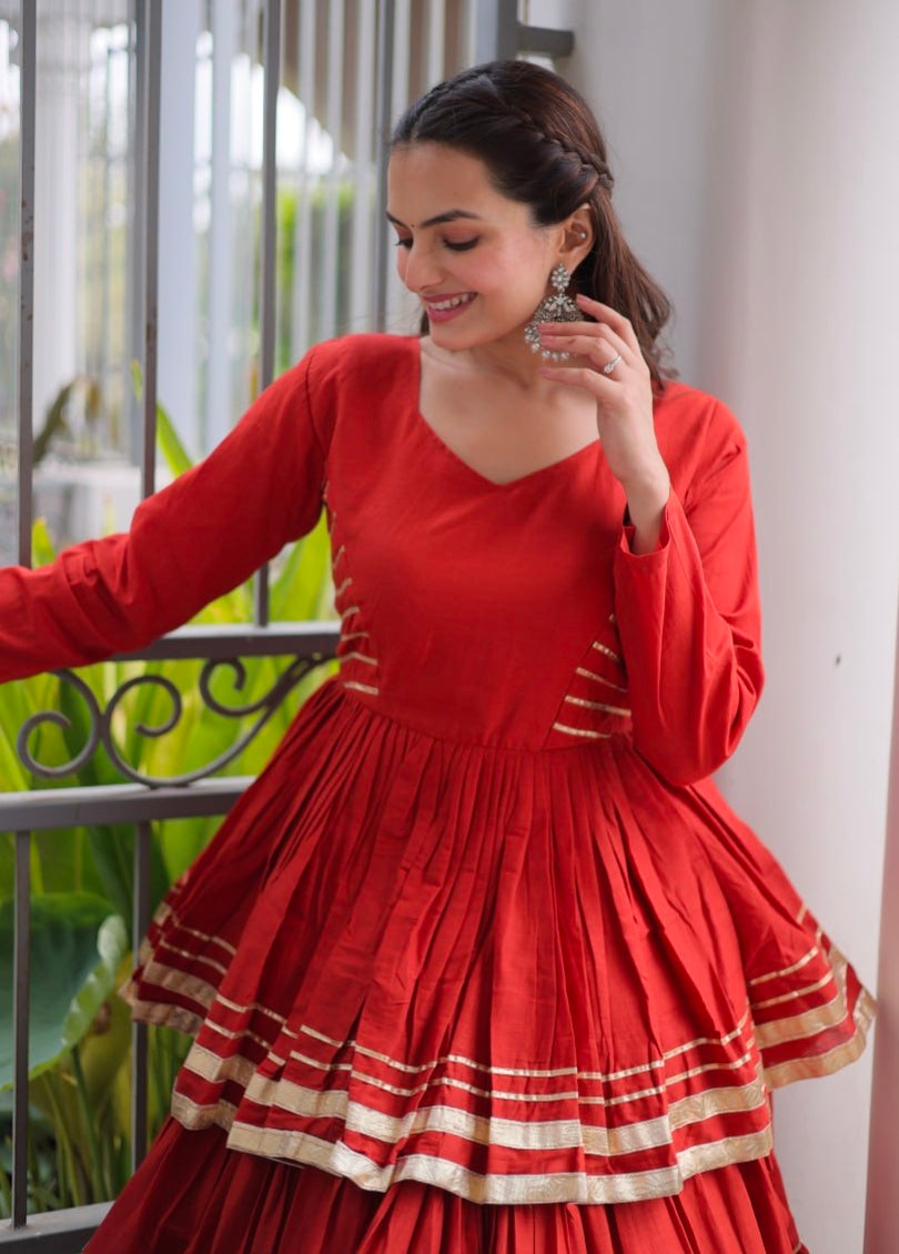 Rust Pure Cora Cotton With Attractive Gota-Patti Work Navratri Lehenga Choli