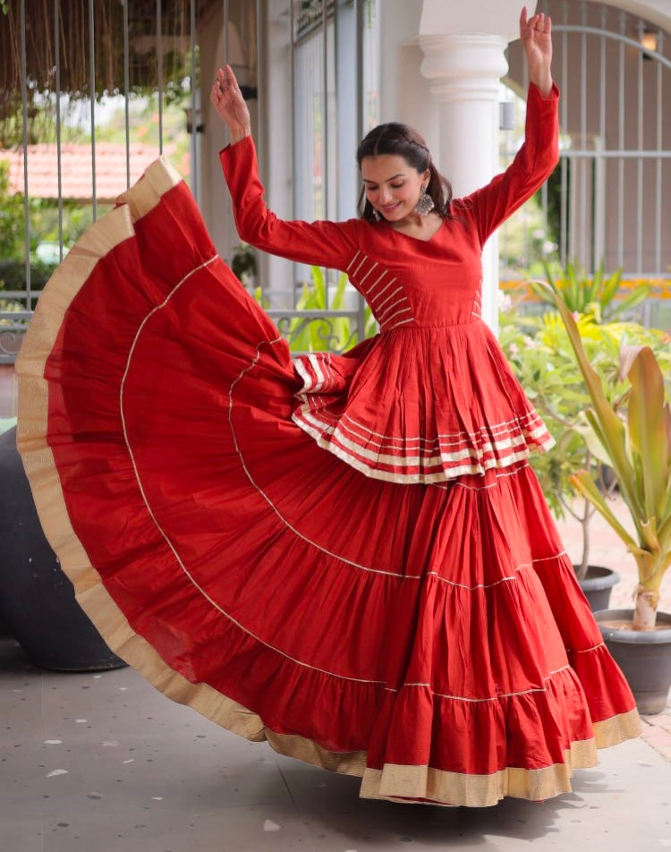Rust Pure Cora Cotton With Attractive Gota-Patti Work Navratri Lehenga Choli