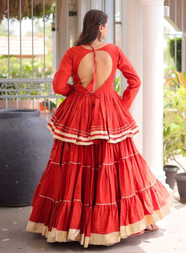 Rust Pure Cora Cotton With Attractive Gota-Patti Work Navratri Lehenga Choli