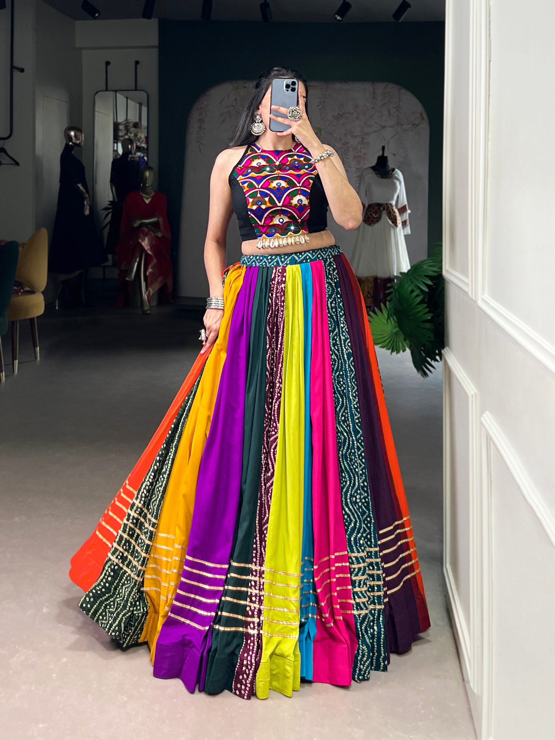 Multicolour Pure Reyon Cotton Embroidery Work Navratri Lehenga Choli