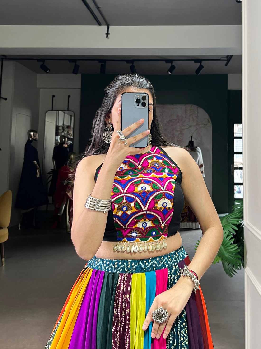 Multicolour Pure Reyon Cotton Embroidery Work Navratri Lehenga Choli