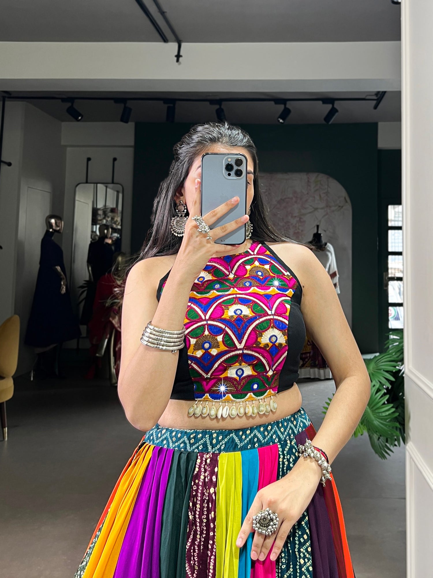 Multicolour Pure Reyon Cotton Embroidery Work Navratri Lehenga Choli