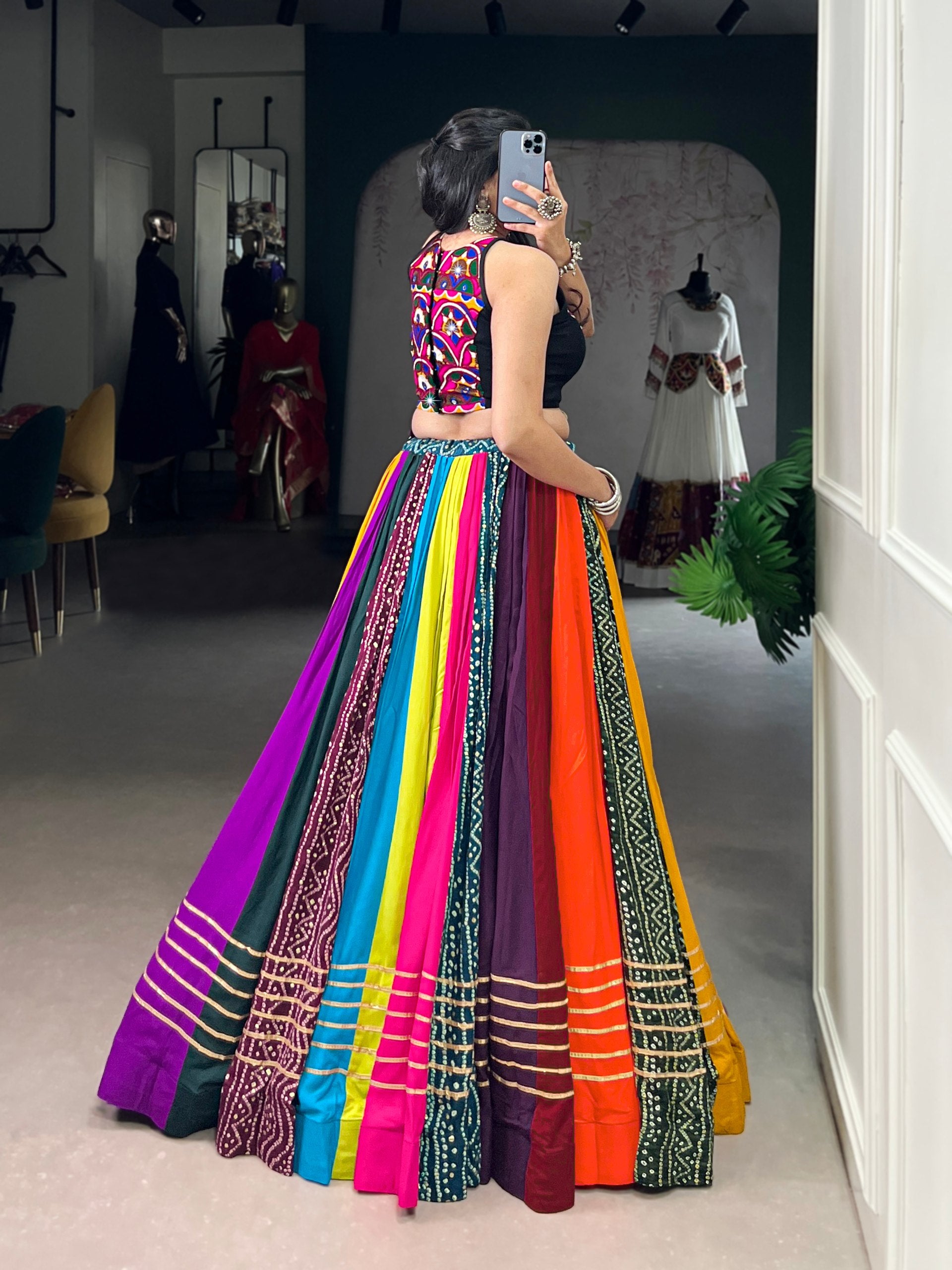 Multicolour Pure Reyon Cotton Embroidery Work Navratri Lehenga Choli