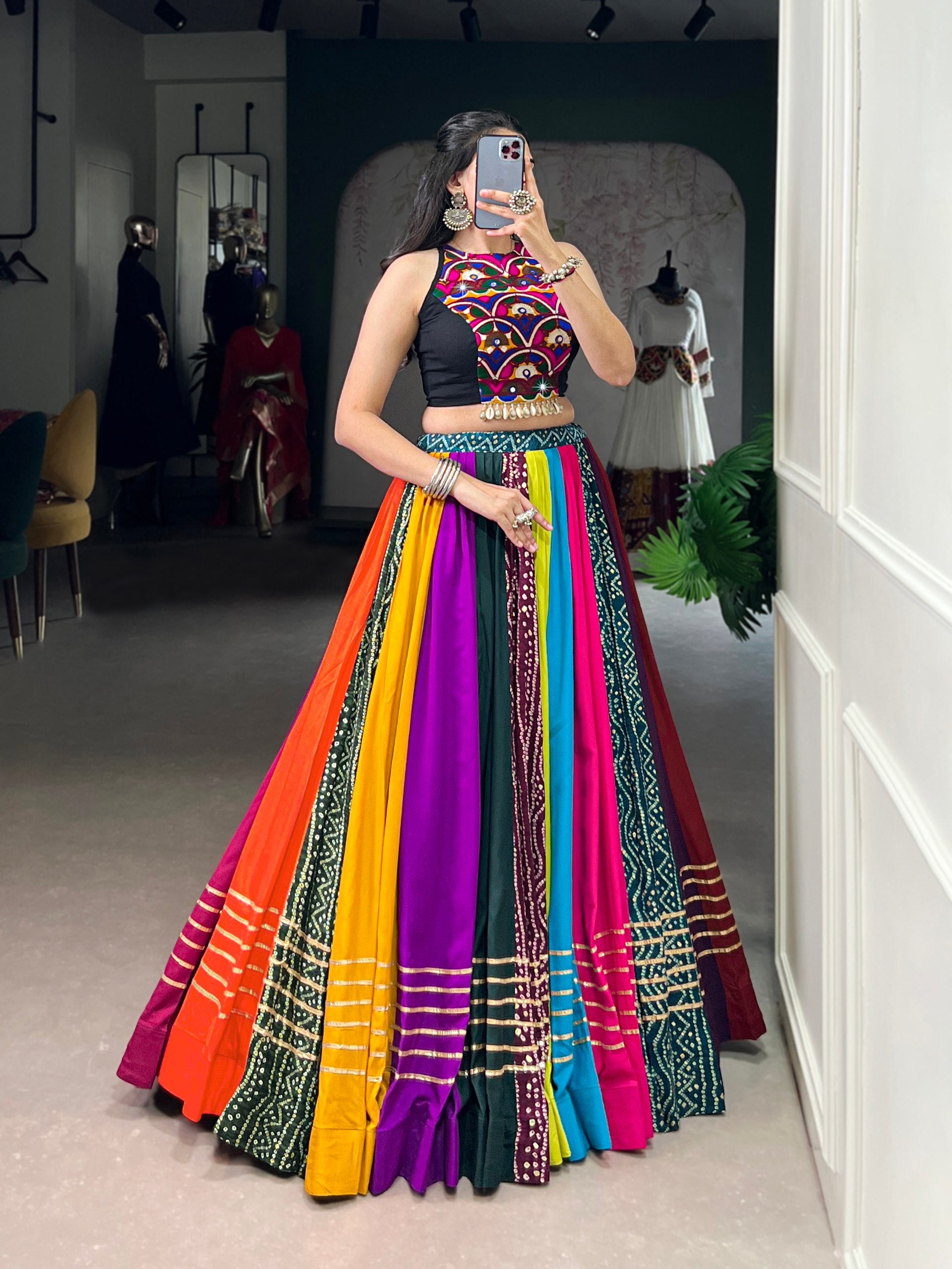 Multicolour Pure Reyon Cotton Embroidery Work Navratri Lehenga Choli
