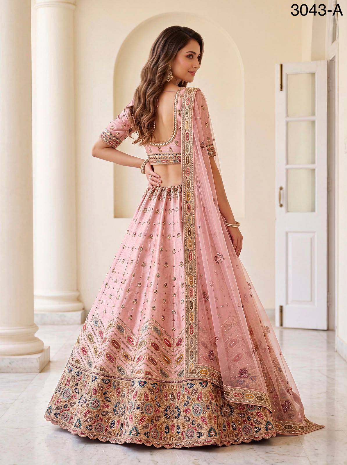 Pink Pure Slubb Silk Premium Dori Embroidery Sequins &amp; Diamond Work Bridal Lehenga Choli