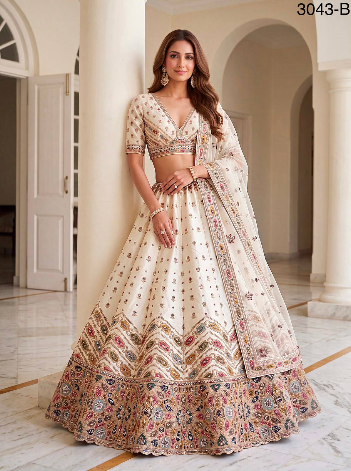 White Pure Slubb Silk Premium Dori Embroidery Sequins &amp; Diamond Work Bridal Lehenga Choli
