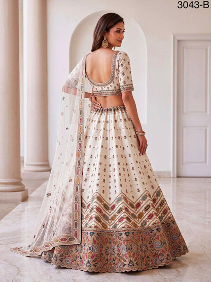 White Pure Slubb Silk Premium Dori Embroidery Sequins &amp; Diamond Work Bridal Lehenga Choli