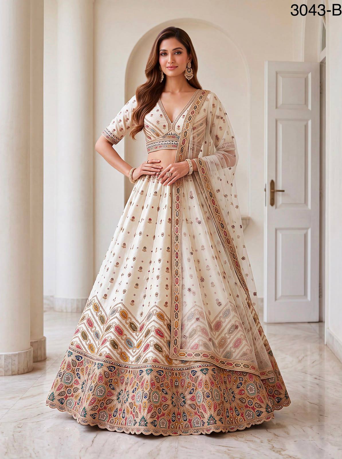 White Pure Slubb Silk Premium Dori Embroidery Sequins &amp; Diamond Work Bridal Lehenga Choli