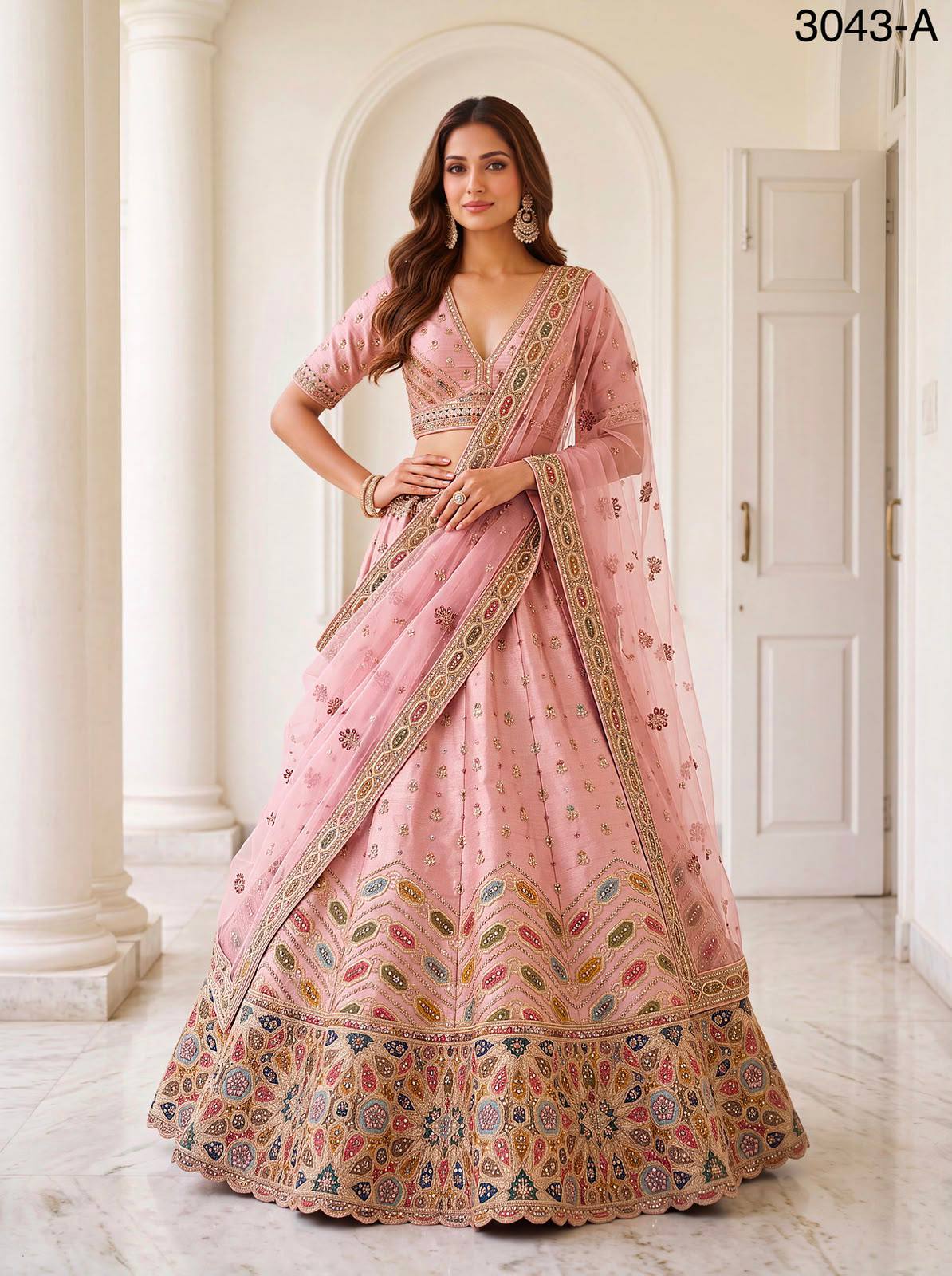 Pink Pure Slubb Silk Premium Dori Embroidery Sequins &amp; Diamond Work Bridal Lehenga Choli