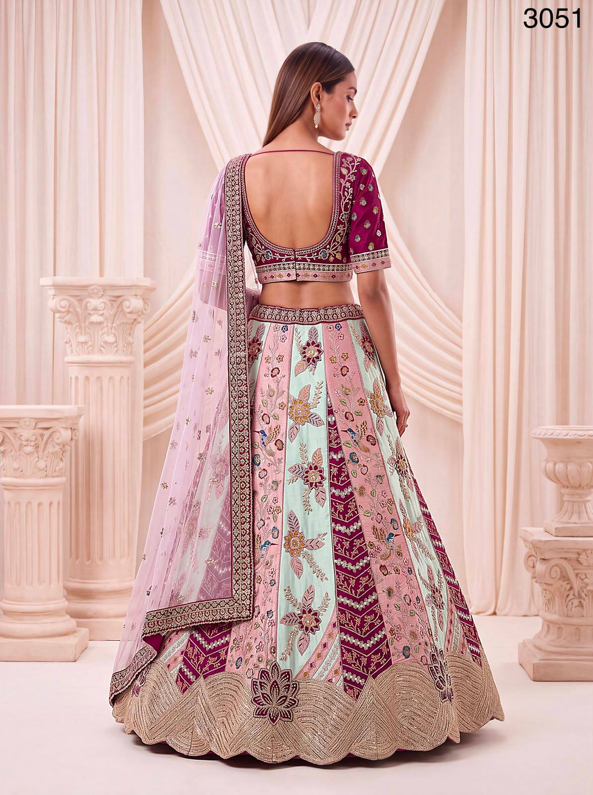 Multi Pure Satin Silk Flower Patch Work Real Hand Mirror &amp; Multi thread Zari Work Bridal Lehenga Choli