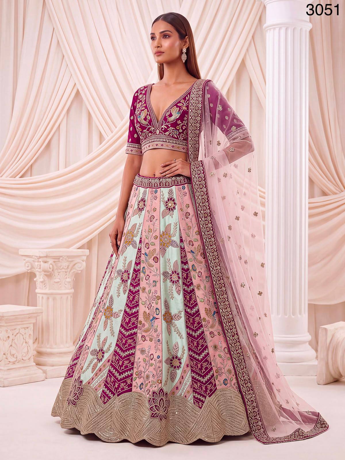 Multi Pure Satin Silk Flower Patch Work Real Hand Mirror &amp; Multi thread Zari Work Bridal Lehenga Choli