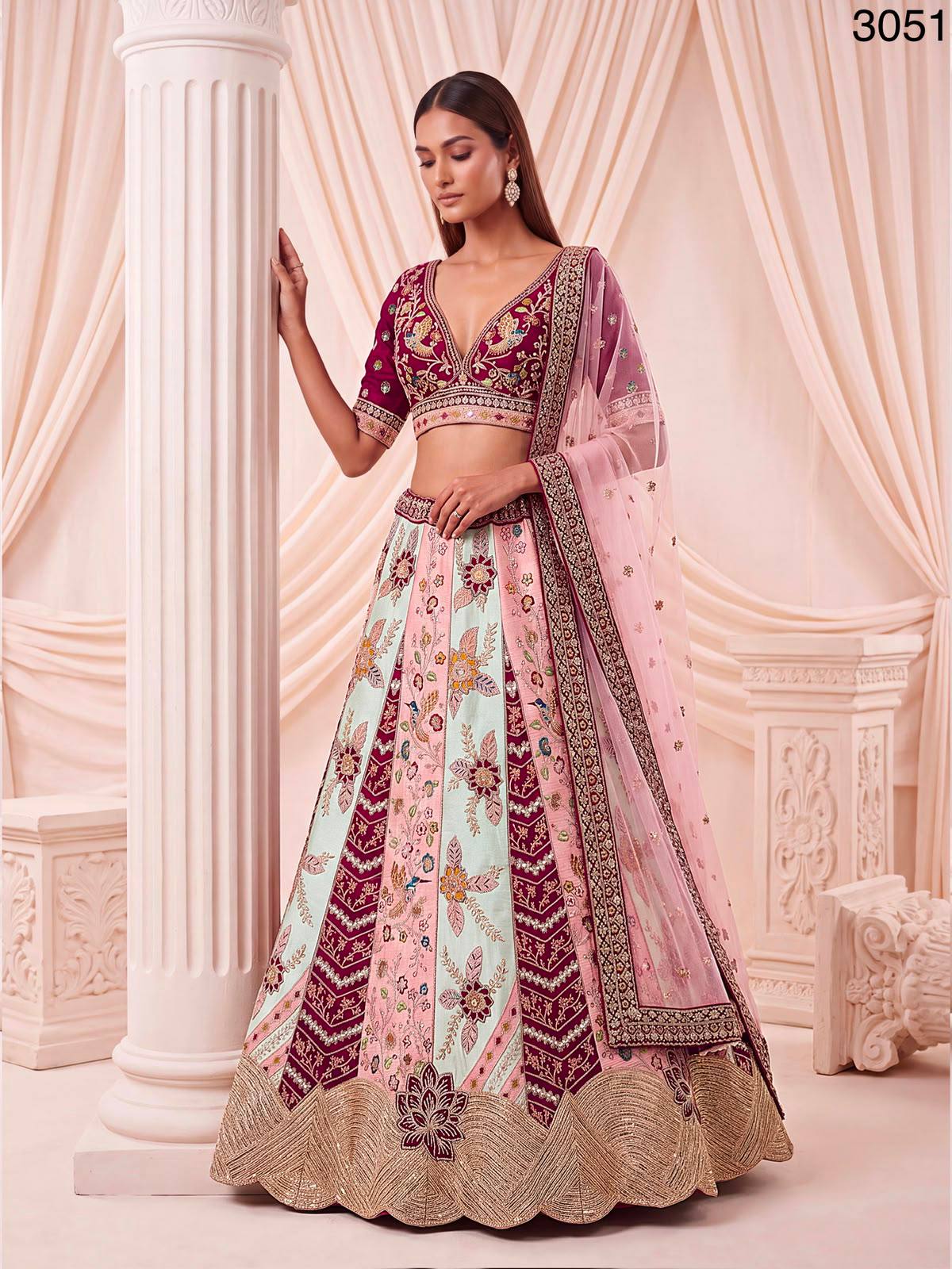 Multi Pure Satin Silk Flower Patch Work Real Hand Mirror &amp; Multi thread Zari Work Bridal Lehenga Choli