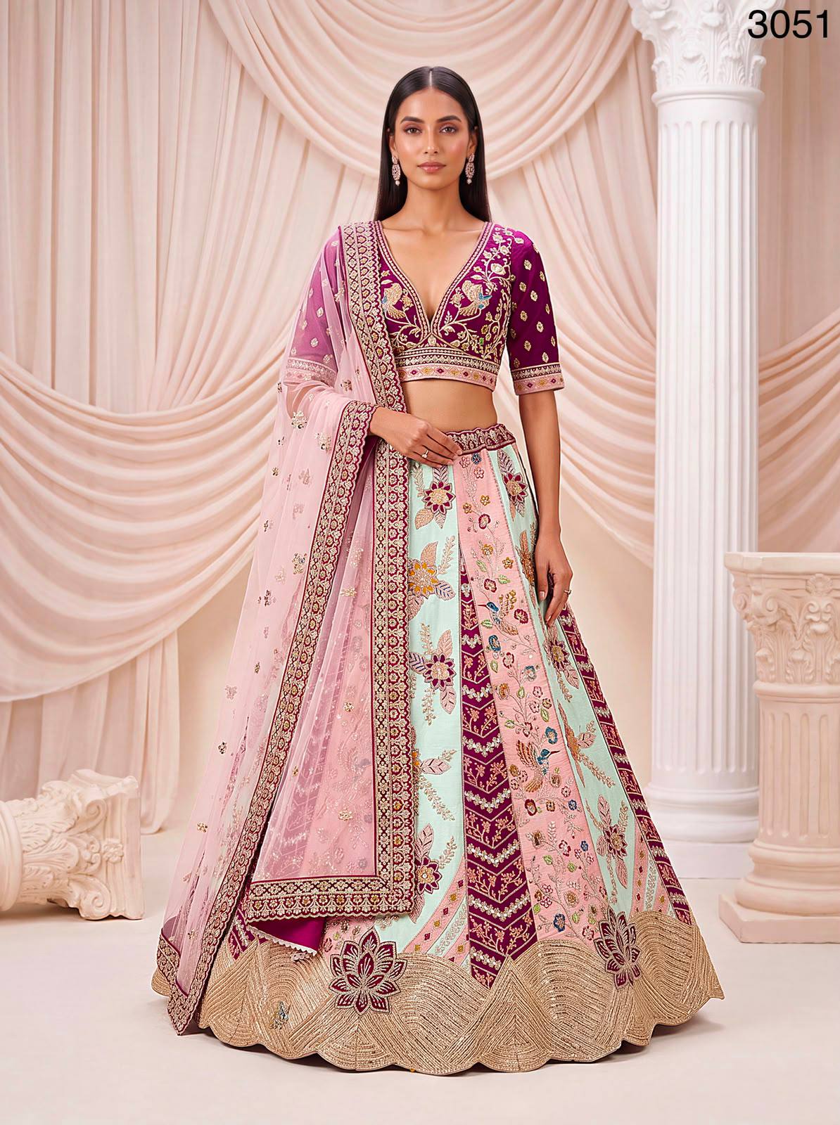 Multi Pure Satin Silk Flower Patch Work Real Hand Mirror &amp; Multi thread Zari Work Bridal Lehenga Choli