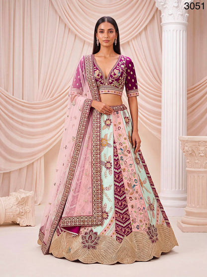 Multi Pure Satin Silk Flower Patch Work Real Hand Mirror &amp; Multi thread Zari Work Bridal Lehenga Choli
