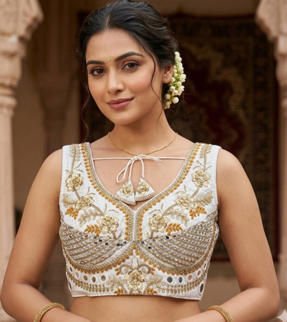 White Pure Heavy Real Mirror Thread &amp; Kaudi Wok Bridal Blouse
