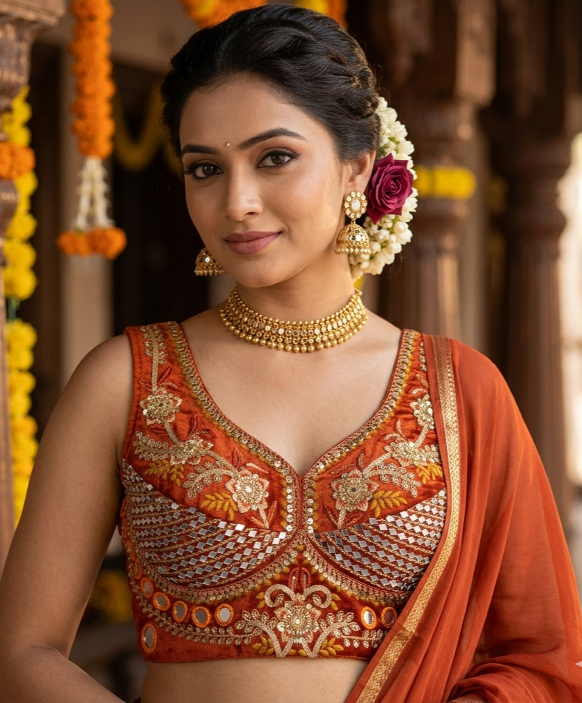 Rust Pure Heavy Real Mirror Thread &amp; Kaudi Wok Bridal Blouse