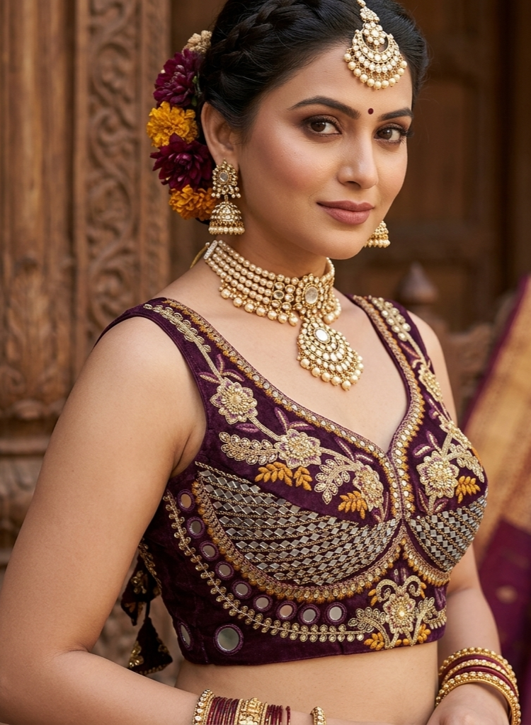 Wine Pure Heavy Real Mirror Thread &amp; Kaudi Wok Bridal Blouse