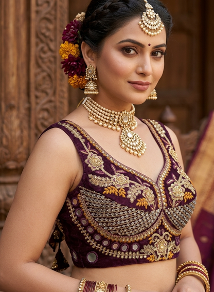 Wine Pure Heavy Real Mirror Thread &amp; Kaudi Wok Bridal Blouse