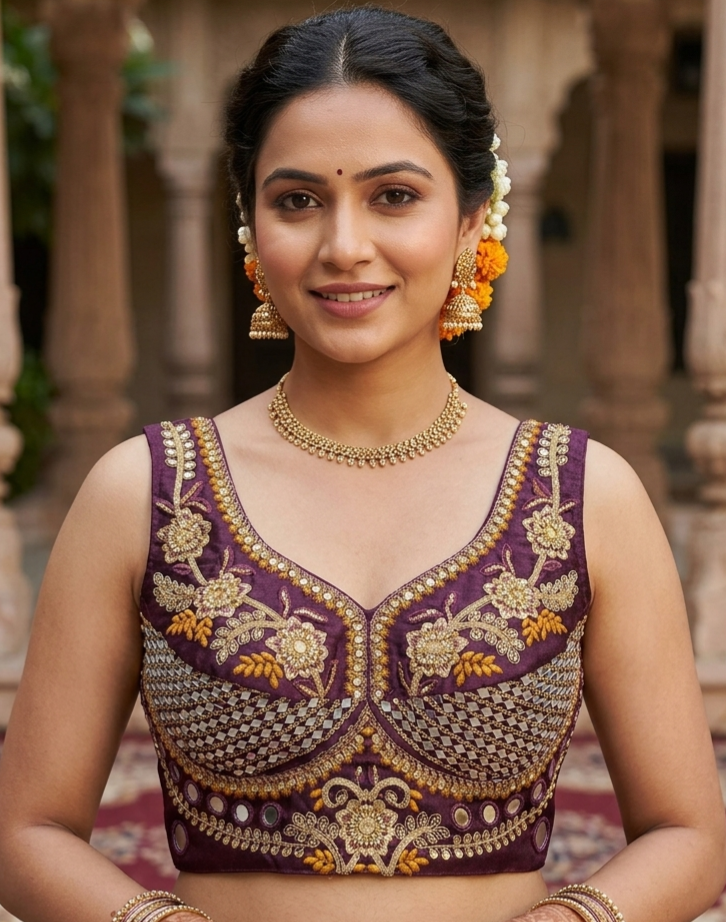 Wine Pure Heavy Real Mirror Thread &amp; Kaudi Wok Bridal Blouse