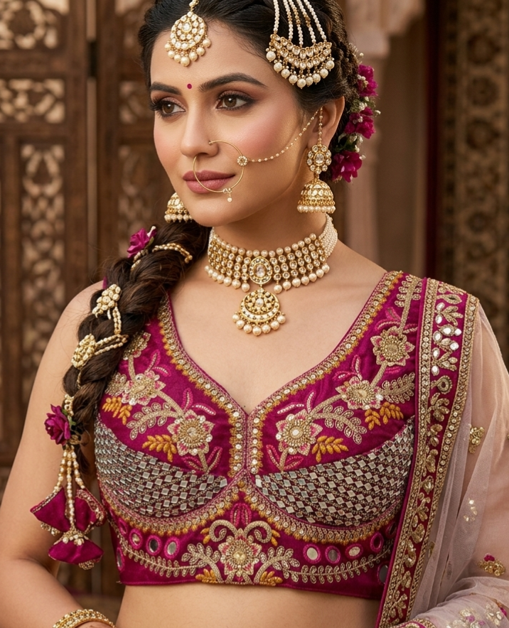 Magenta Pure Heavy Real Mirror Thread &amp; Kaudi Wok Bridal Blouse