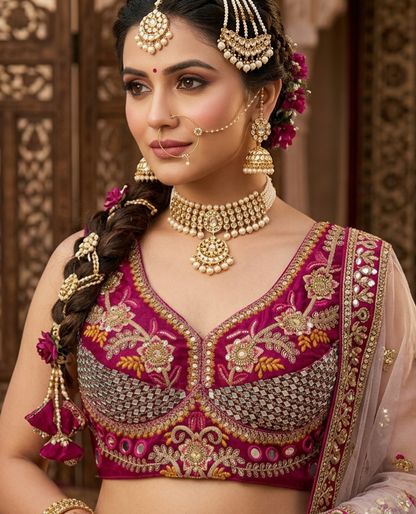 Magenta Pure Heavy Real Mirror Thread &amp; Kaudi Wok Bridal Blouse