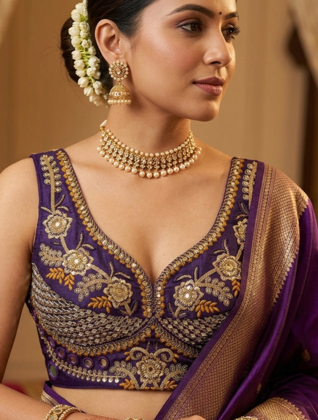 Purple Pure Heavy Real Mirror Thread &amp; Kaudi Wok Bridal Blouse