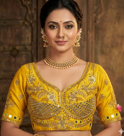 Yellow Pure Heavy Real Mirror Thread &amp; Kaudi Wok Bridal Blouse
