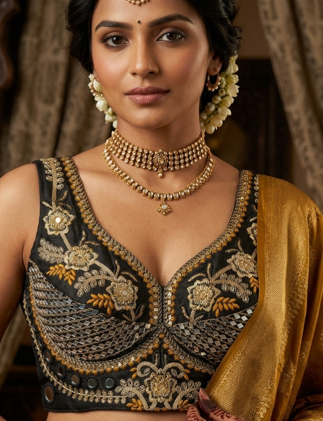 Black Pure Heavy Real Mirror Thread &amp; Kaudi Wok Bridal Blouse