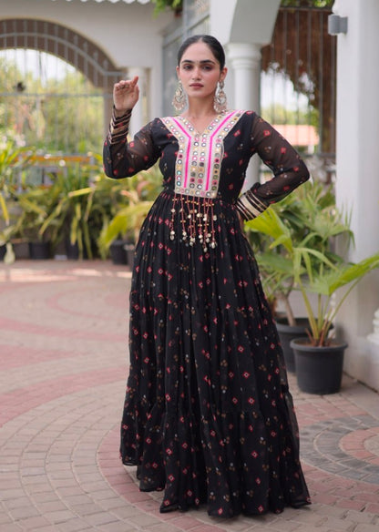 Black Pure Faux Georgette Lahariya Print with Kutchi Patchwork Navratri Lehenga Choli