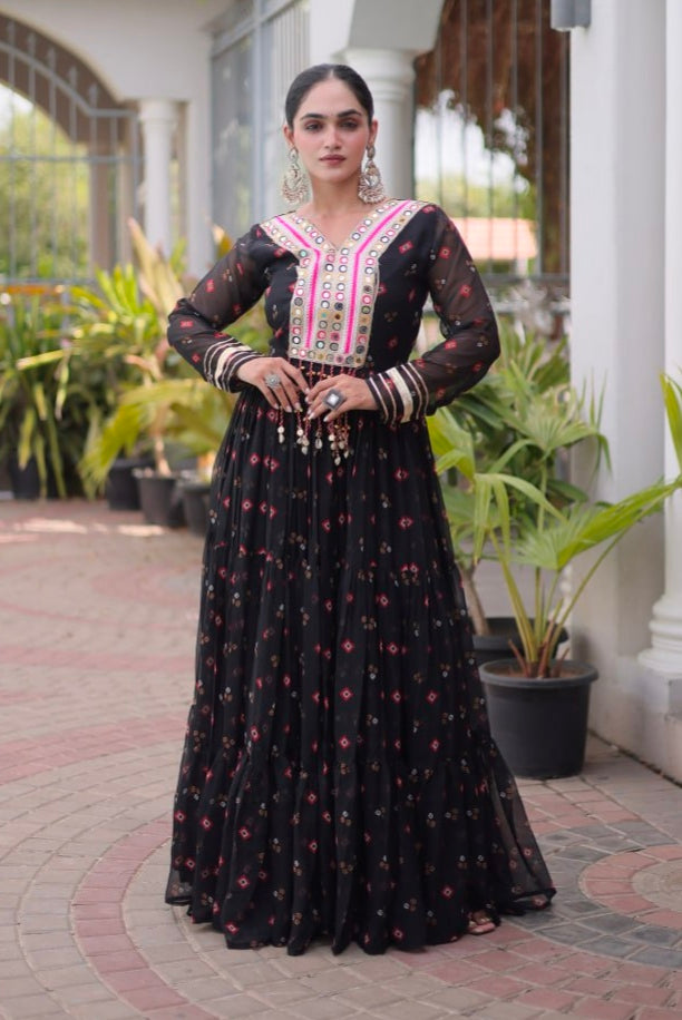 Black Pure Faux Georgette Lahariya Print with Kutchi Patchwork Navratri Lehenga Choli