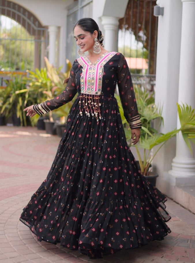 Black Pure Faux Georgette Lahariya Print with Kutchi Patchwork Navratri Lehenga Choli