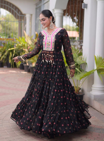 Black Pure Faux Georgette Lahariya Print with Kutchi Patchwork Navratri Lehenga Choli