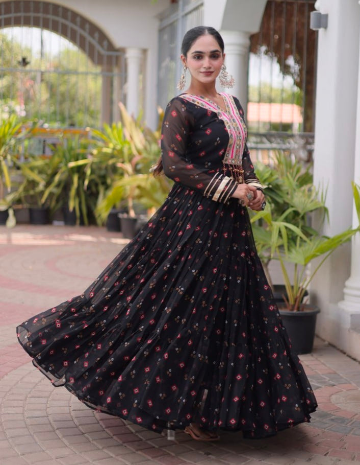 Black Pure Faux Georgette Lahariya Print with Kutchi Patchwork Navratri Lehenga Choli