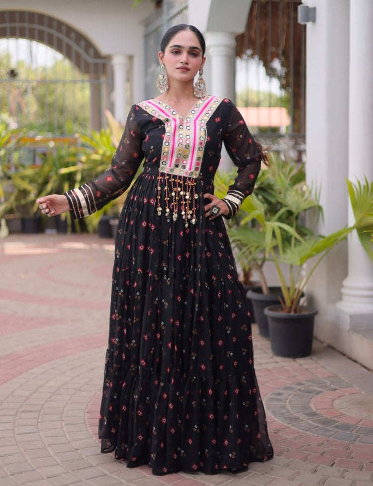 Black Pure Faux Georgette Lahariya Print with Kutchi Patchwork Navratri Lehenga Choli